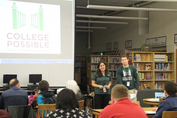 College Possible administrators Yasmine Flodin-Ali and Hayes Gardner opening up their presentation.
